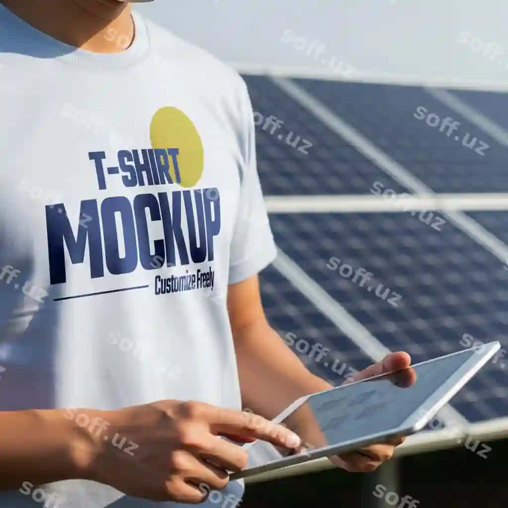 Futbolka mockup tech interaksiya quyosh energiyasi montaj | Tshirt mockup tech interaction solar energy installation