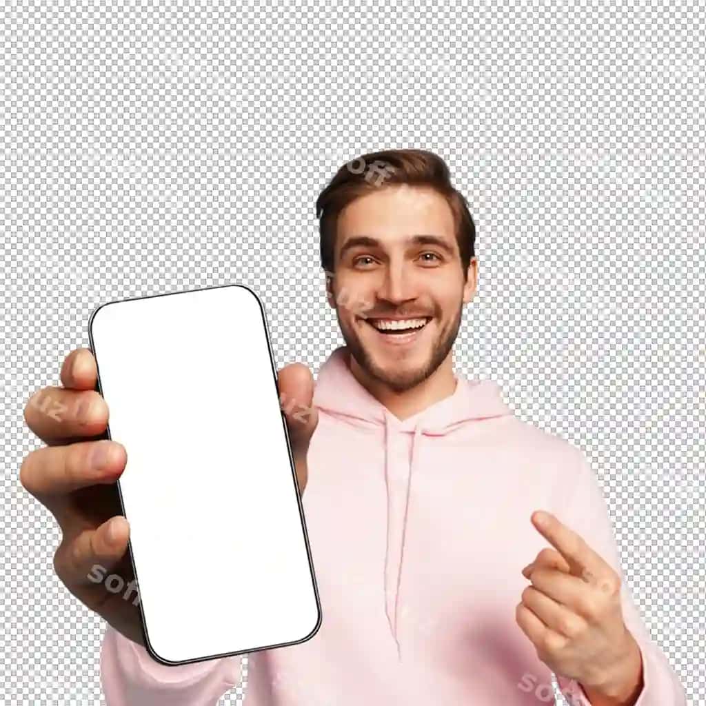 Baxtli erkak bo'sh ekranli akilliq telefonni tutib ko'rsatgan, ko'rsatuvchi. | Happy man holding showing smartphone with blank screen pointing