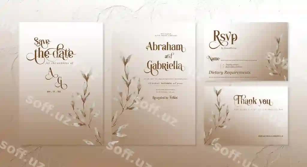 Nikoh taklifnoma shabloni akvарель gullari va yaproqlari jigarrang rangda | Wedding invitation template with watercolor flowers leaves brown