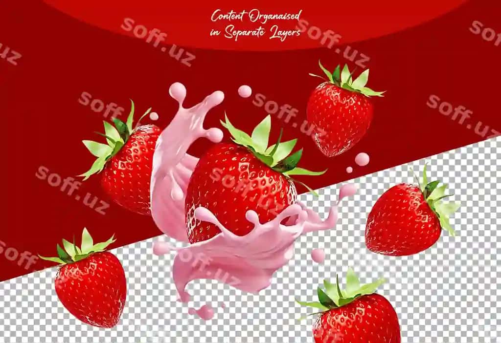 Qaramida meva suyuqliklar bilan ajraltirilgan shaffof fonda | Strawberry fruit with splashes isolated transparent background