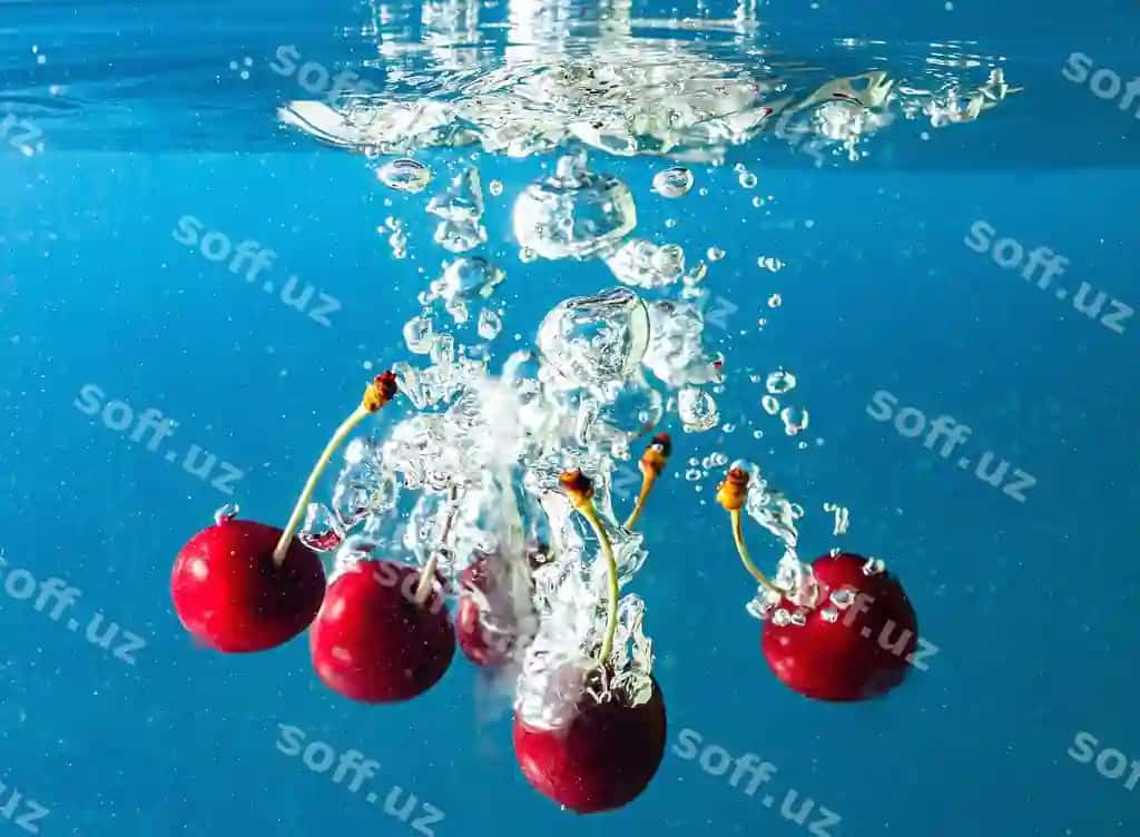 O'rgimchilgan gil'monlar suvga tushadi sochilishni keltiradi havo gupraksi | Ripe cherries fall into water raising splashes air bubbles