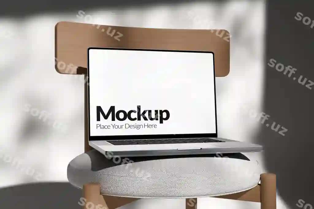 Haqiqiy noutbuk mockup zamonaviy yongʻil stul | Realistic laptop mockup modern wooden chair