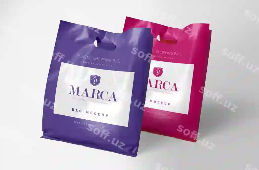 Juft plastik xaridlar bags mockup qizil binafsha dizayn PSD | Dual plastic shopping bags mockup red purple design psd