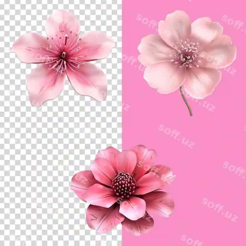 3D gulche gul ajraltirilgan shaffof orqa fonda komplekti | Set 3d pink flower isolated transparent background