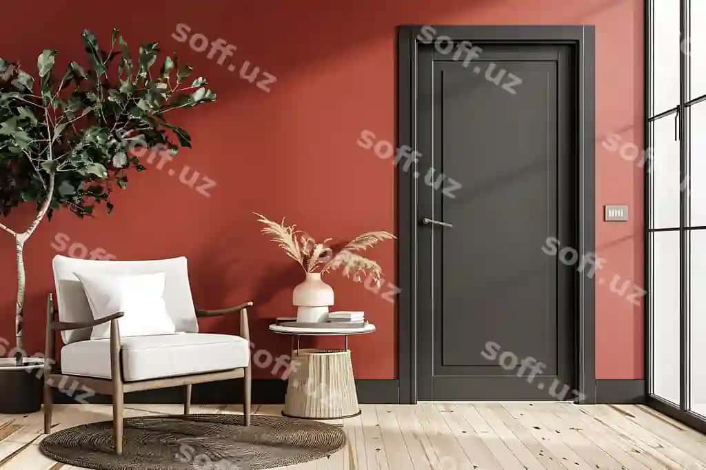 Ichki qorong'i mehmonxona kofe stol, eshik va qulay armchair bilan | Interior dark living room with coffee table door comfortable armchair