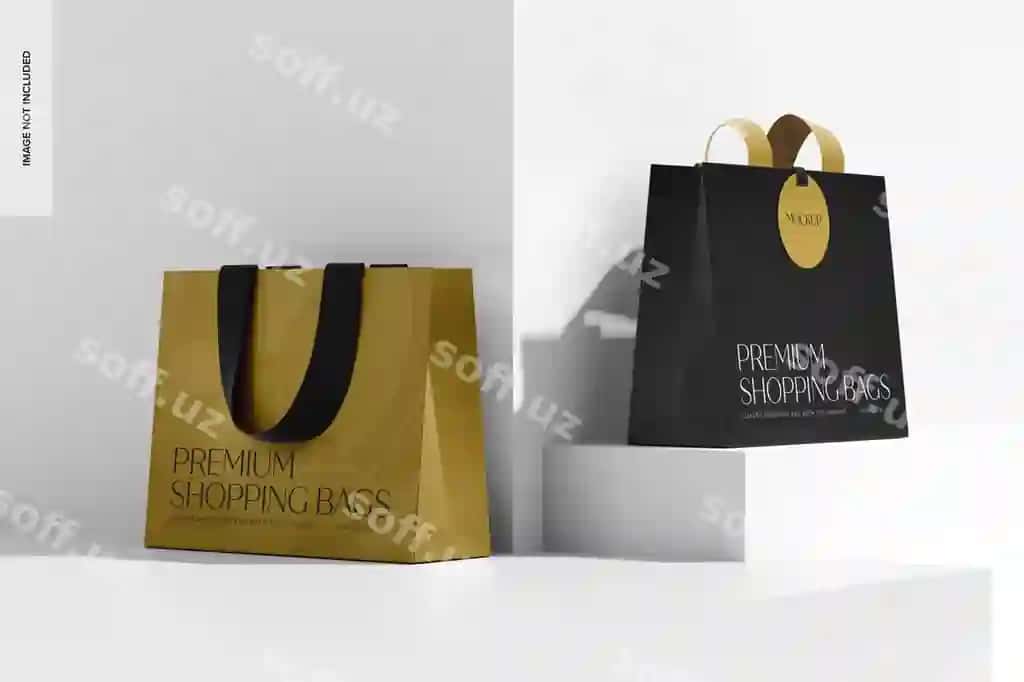 Bog'at xarid baglari belgi bilan namuna o'ng chap ko'rinish | Luxury shopping bags with tag mockup right left view
