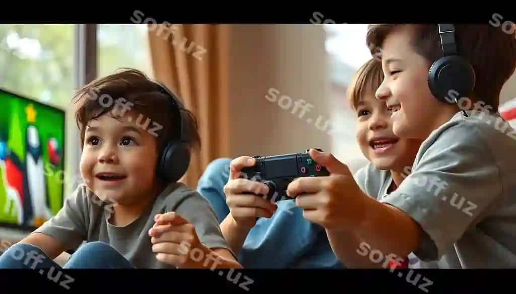 Ikki bolalar telefon bilan oynaydi, boshqa ikki naushnik kiyinmoqda. | Two children play with cell phone other two are wearing headphones