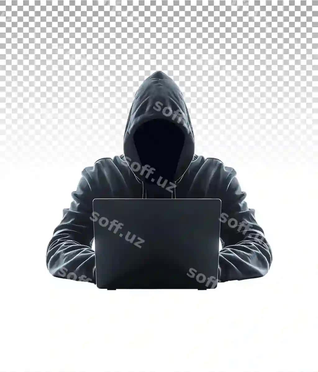 Hackar noutbukdan foydalangan shaffof fonda kesilgan silueti | Hacker using laptop cutout transparent background