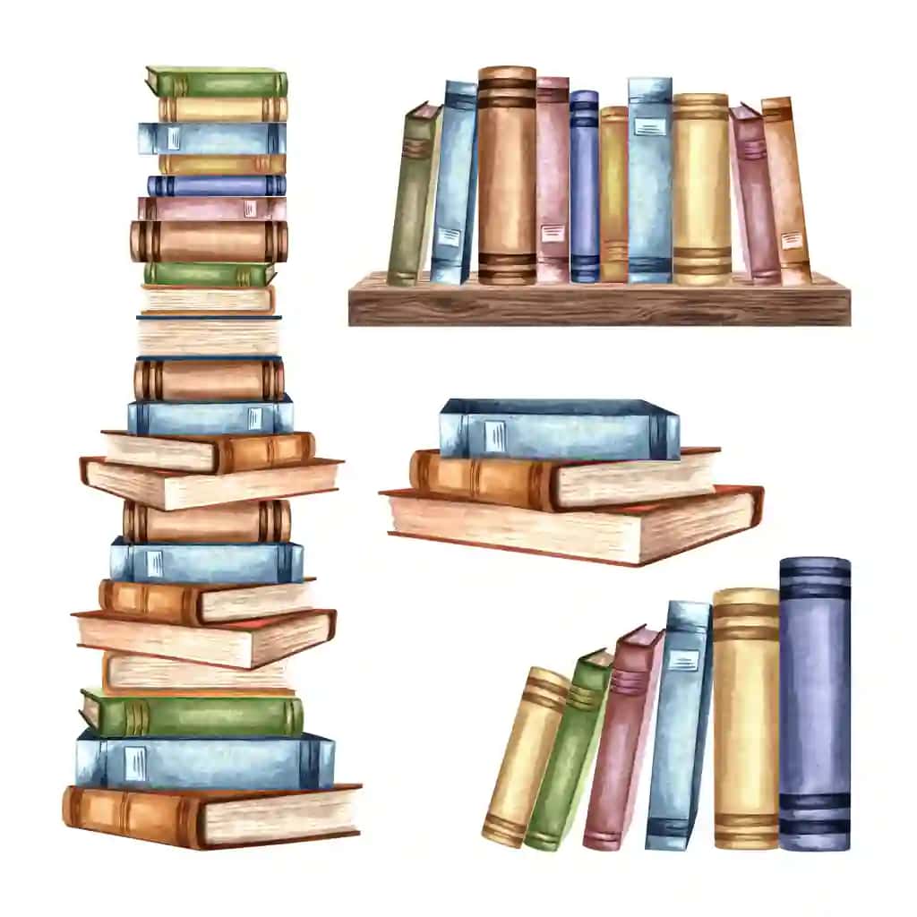 Kitoblar qatorli yog'och javonlar qo'lda chizilgan akvarel bilan ajratilgan | Books stacks row wooden shelf set isolated hand drawn watercolor