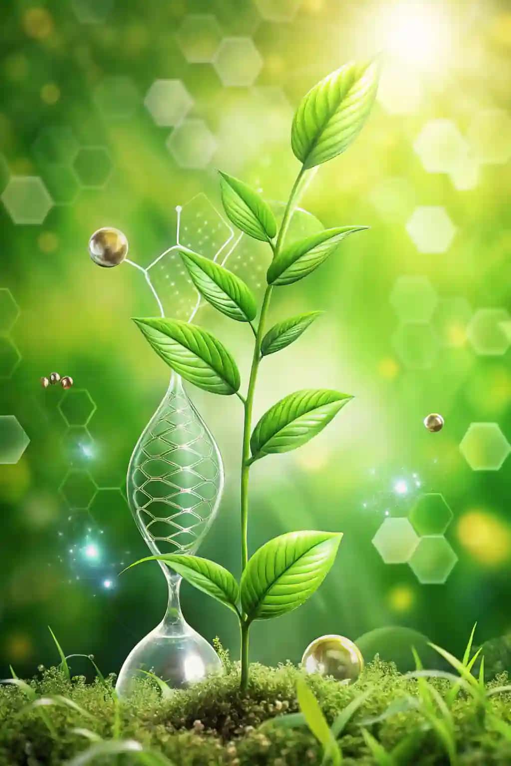Biologiya, tabiatshunoslik, biokimyoviy tuzilishga ega o'simliklar, yashil fon, DNK molekulasi | Biology nature science plants with biochemistry structure green background dna molecule