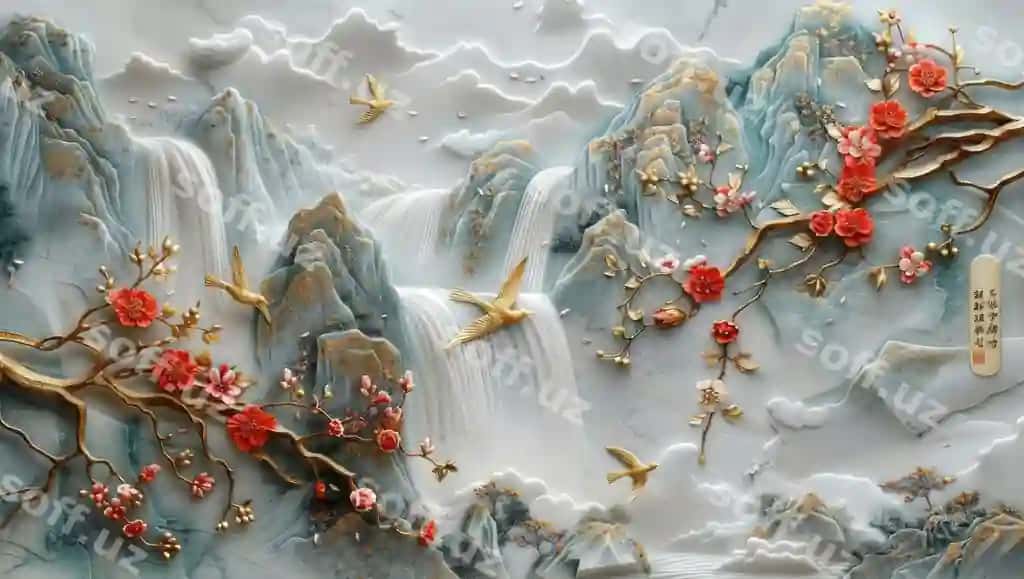 3d relief skulpturasi to'p manzarasi aloe yulduzlari bilan | 3d relief sculpture mountain landscape with cherry blossoms