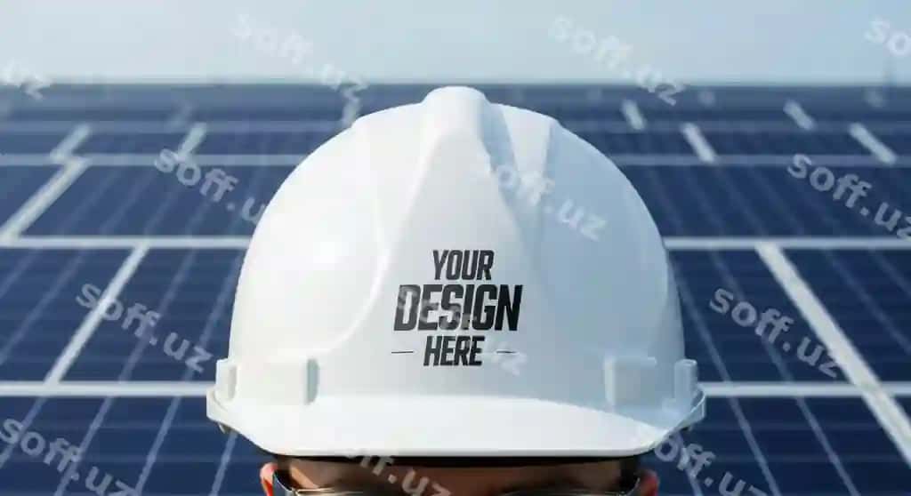 Oq xavfsizlik bosh poyragi namuna quyosh paneli maydoni sahna | White safety helmet mockup solar panel field scene