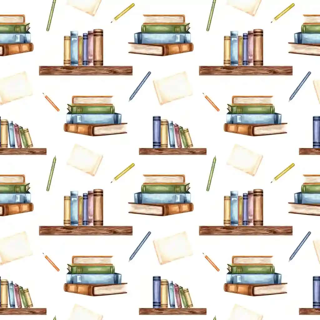Qo'lda chizilgan qog'oz varag'i choksiz naqshli qalam kitoblari yog'och javonlar to'plami | Books wooden shelf stack pensil with paper sheet seamless pattern hand drawn