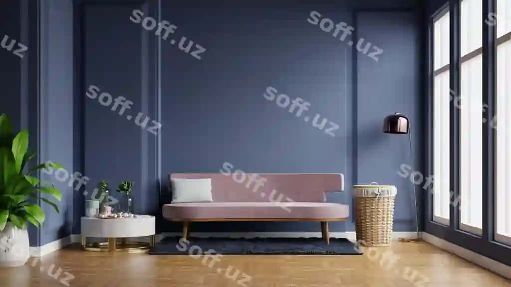 Ičkim yorqin xona sofa bilan bo'sh qora ko'k devor orqa fonda 3d render | Interior light room with sofa empty dark blue wall background 3d rendering