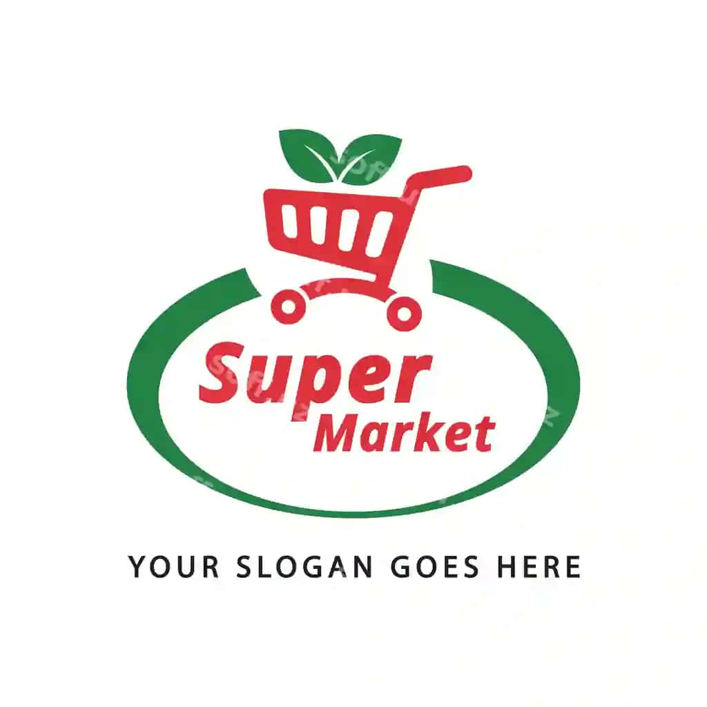 Supermarket logotipi xarid savatiga gul barglari bilan | Supermarket logo with shopping cart leaves