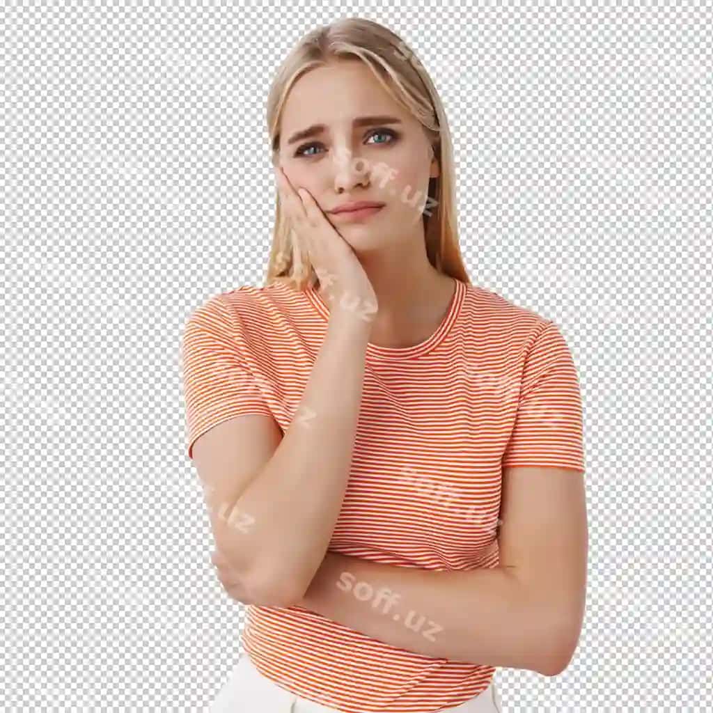 Tish ogʻrigʻidin tirishgan qiz bosh qirriga egilgan, boshni yaxshi tomon qarab olishgan, boshini chizgigan. | Girl being bothered by toothache touching cheek tilting head furrow