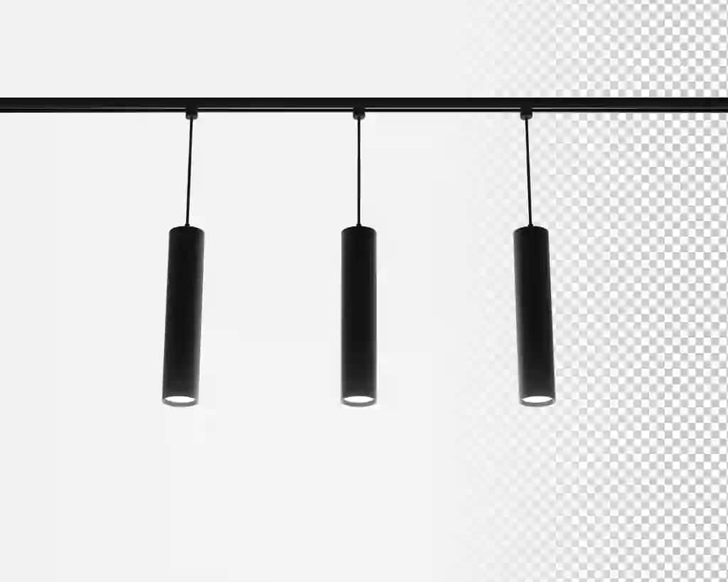 Yo'l yoritgich tizimi osilgan shiftdagi spot lampalar 3D render zamonaviy | Track lighting system pendant ceiling spot lamps 3d render modern