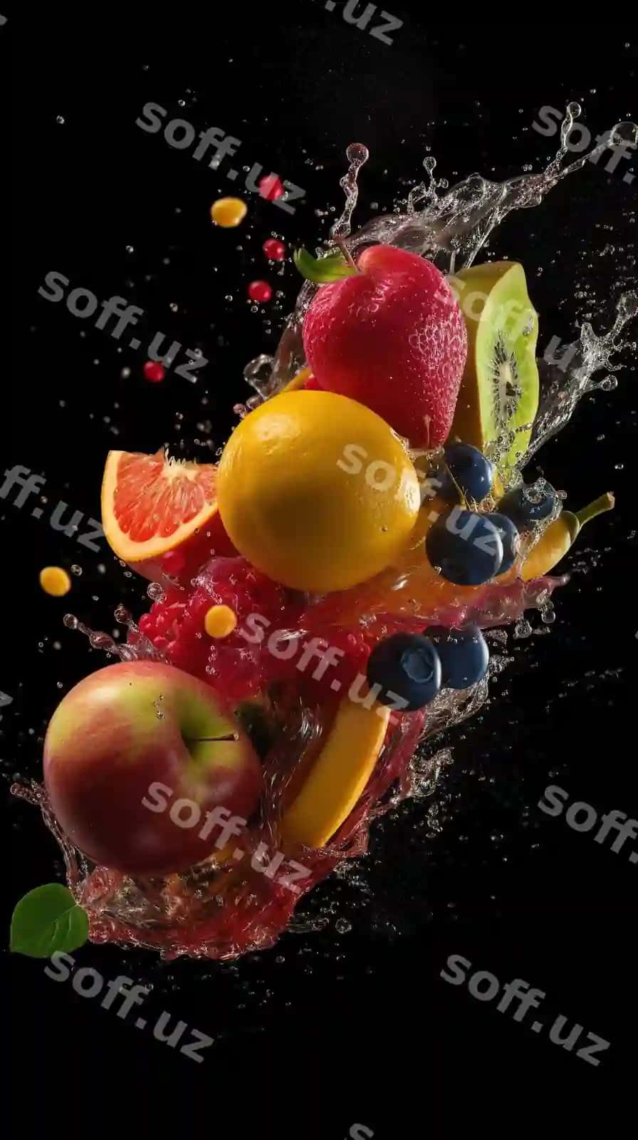Mevalar portlashi su splashi bilan qora fonda kiwi apelsin bodom uzum noz | Fruits explosion with water splash black background kiwi orange strawberry grape peach
