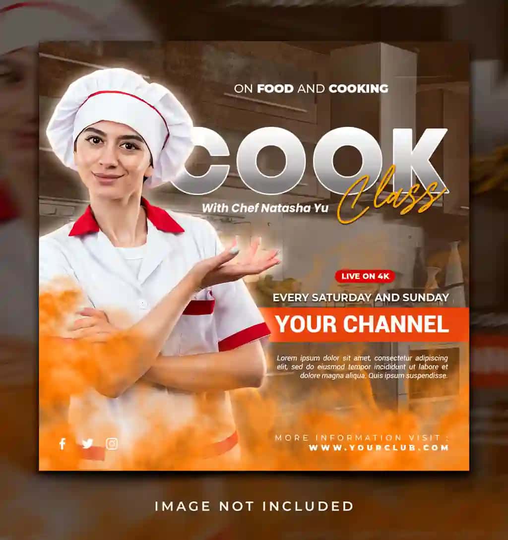 Onlayn oshpazlik kursini targ'ib qilish ijtimoiy media instagram post shabloni | Online cooking class promotion social media instagram post template