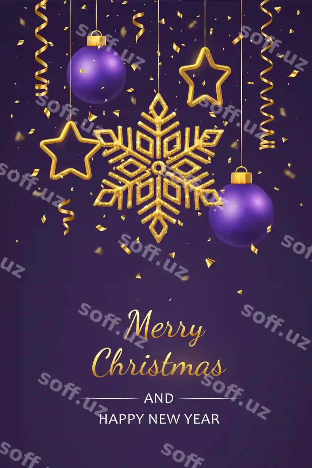 Yuldu binafsh asibdagi yorqin oltin qor bobolari | Christmas purple with hanging shining golden snowflakes