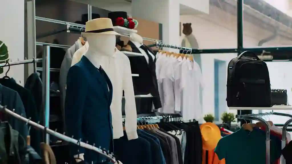 Yangi to'plam ilgichlar bilan bezatilgan zamonaviy butik | Interior fashionable boutique with new collection hangers