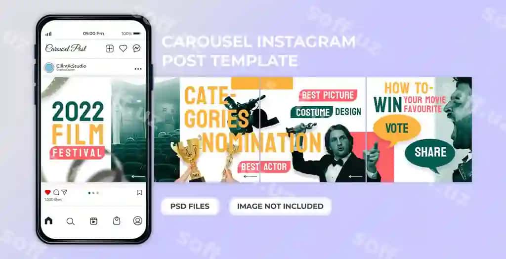 Film festivali ijtimoiy media karusel post shabloni premium PSD | Film festival social media carousel post template premium psd