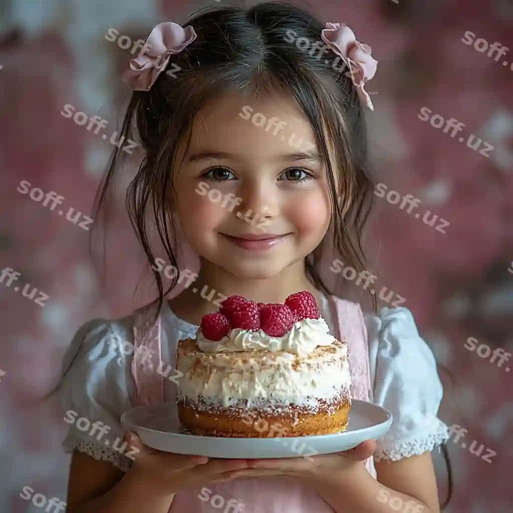 Go'zal gulchi Qozog' 6 yoshlik qiz qora qullingi futbolka va pudra rangli pletka kiygan, bant tutmoqda. | Beautiful smiling kazakh 6 years girl beautiful black hairsin tshirt pink apron holding beau