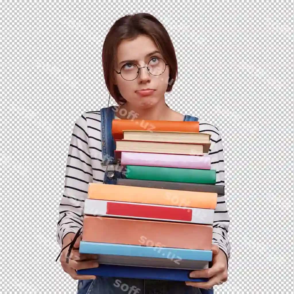 O'ychan norozi xonim qoziq kitoblarni ko'tarib, optik kiygan | Contemplative dissatisfied lady carries piles books wears optical