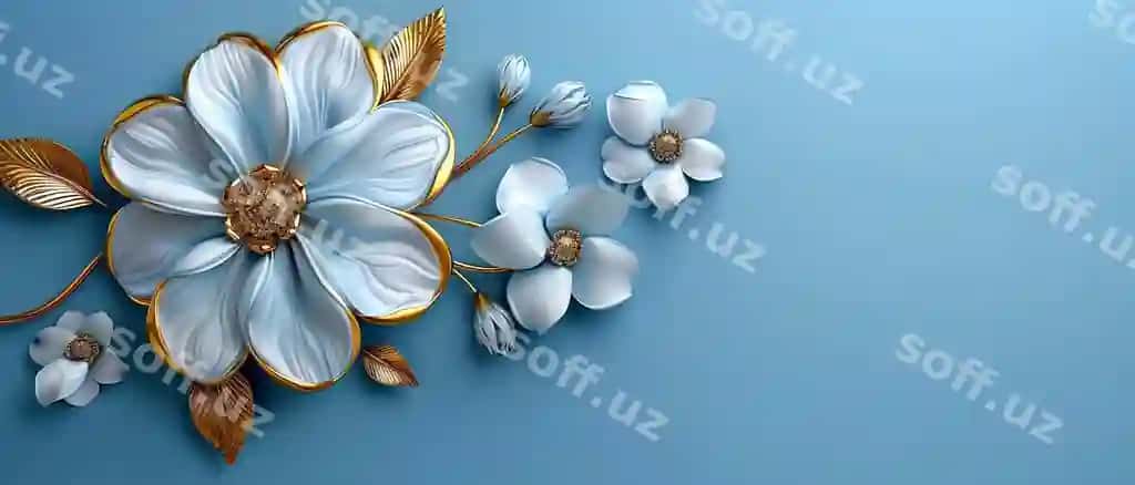Oq gul oltin varoqlar bilan ko'k orqa fonda | White flowers with golden leaves blue background