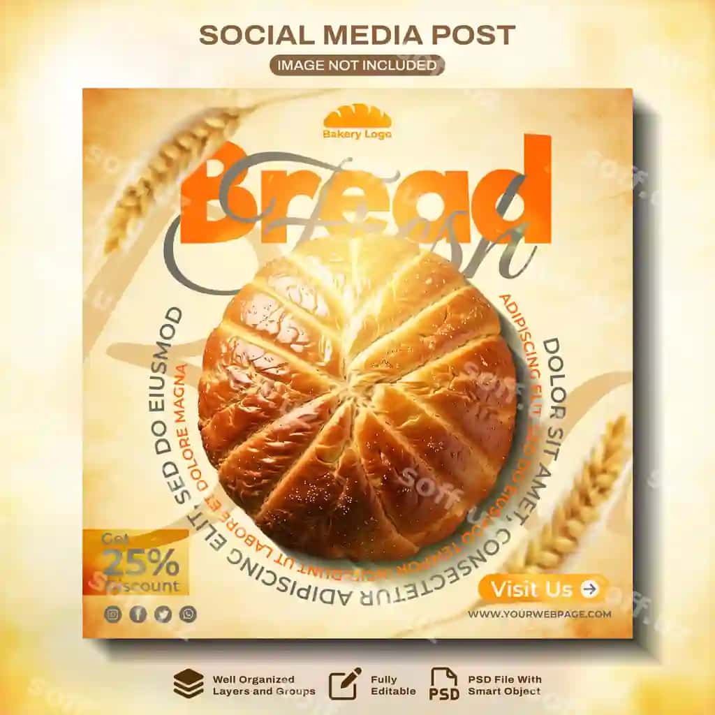 Shirin yangi nonvoy ovqat non menyu ijtimoiy tarmoqlar Instagram posti baner | Sweet fresh bakery food bread menu social media instagram post banner