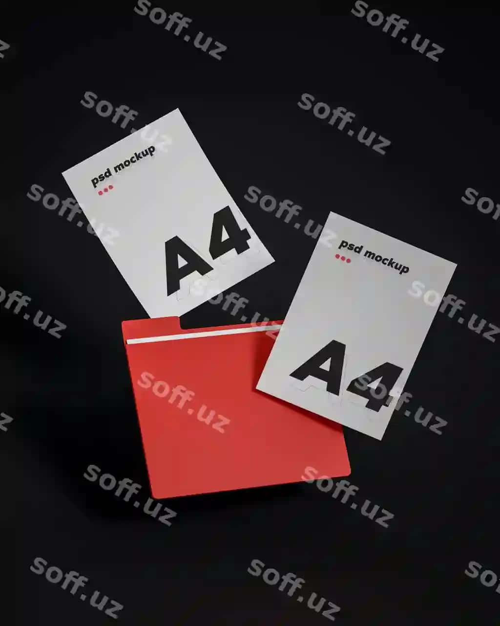 Ikki A4 qora qoshiqqa oq qog'oz qizil papka fayl mockup vizualizatsiya qora | Double a4 white paper red folder file mockup visualization black