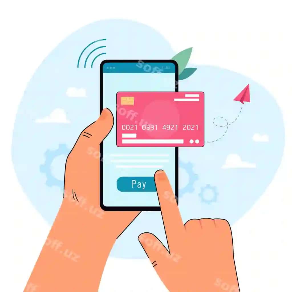Mijoz qo'l telefonni tutmoqda, ekranida kredit karta | Hand customer holding mobile phone with credit card screen hand