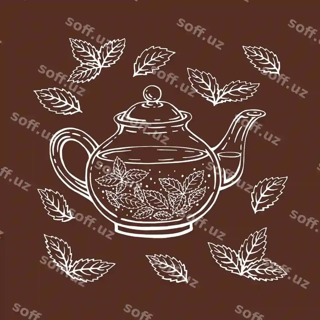 Choy qozoni nanе yaproqlari choy qo'l bilan chizilgan vektor illustratsiya chetka uslubi | Teapot mint leaves tea hand drawn vector illustration outline style