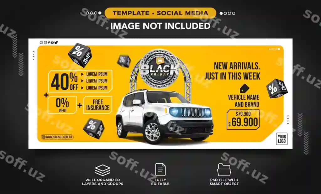 Ijtimoiy tarmoqlar banneri avtomobil yangiliklari Qora Juma faqat bu hafta | Social media banner with car news black friday this week only