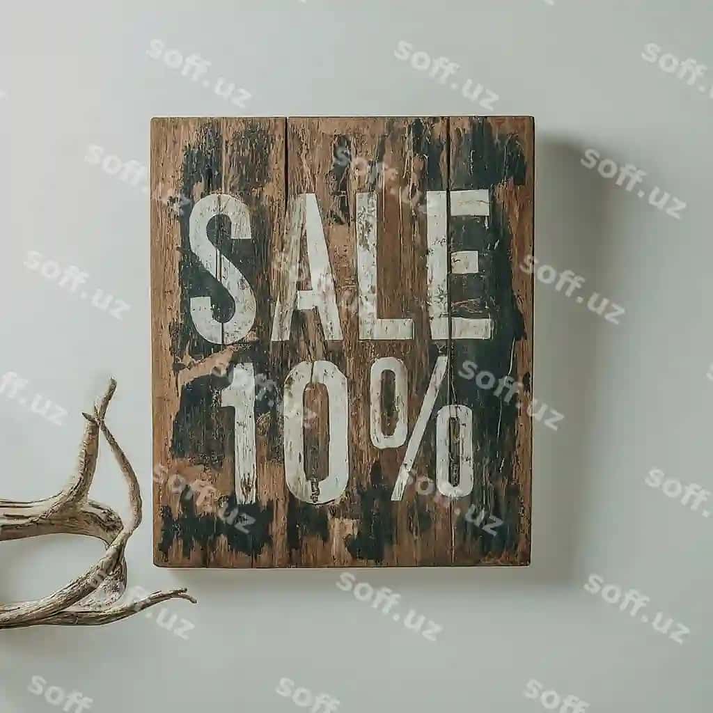 Sotuv chegirma foizini aytingan yong'oq belgi oq devorga qo'yilgan | Wooden sign that says sale percent is white wall