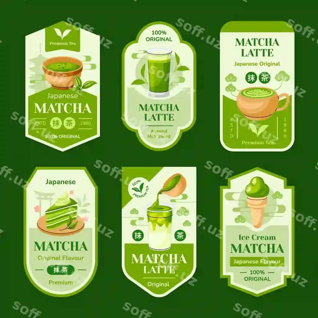 Matcha choyi yorliqlari tekis dizaynda | Matcha tea labels flat design