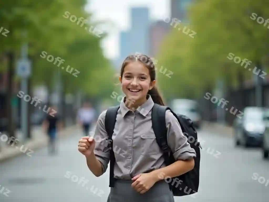 Baxtdir qiz maktab kostyumi imtihon muvaffaqiyatini tabriklaydi rucksack bilan yashil shahar kochasi | Joyful girl school uniform celebrates exam success with rucksack green city street