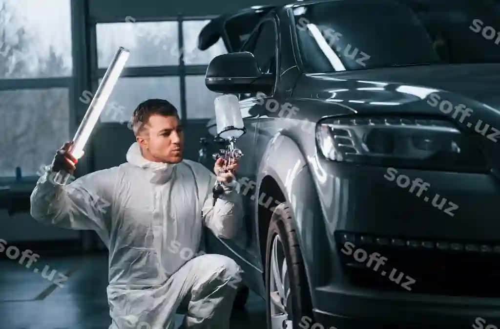 Erkak kiyimidagi xodim yorqinlashuvchi mashina yuzasida avto xizmati ishlaydi. | Illuminating car surface man uniform is working auto service