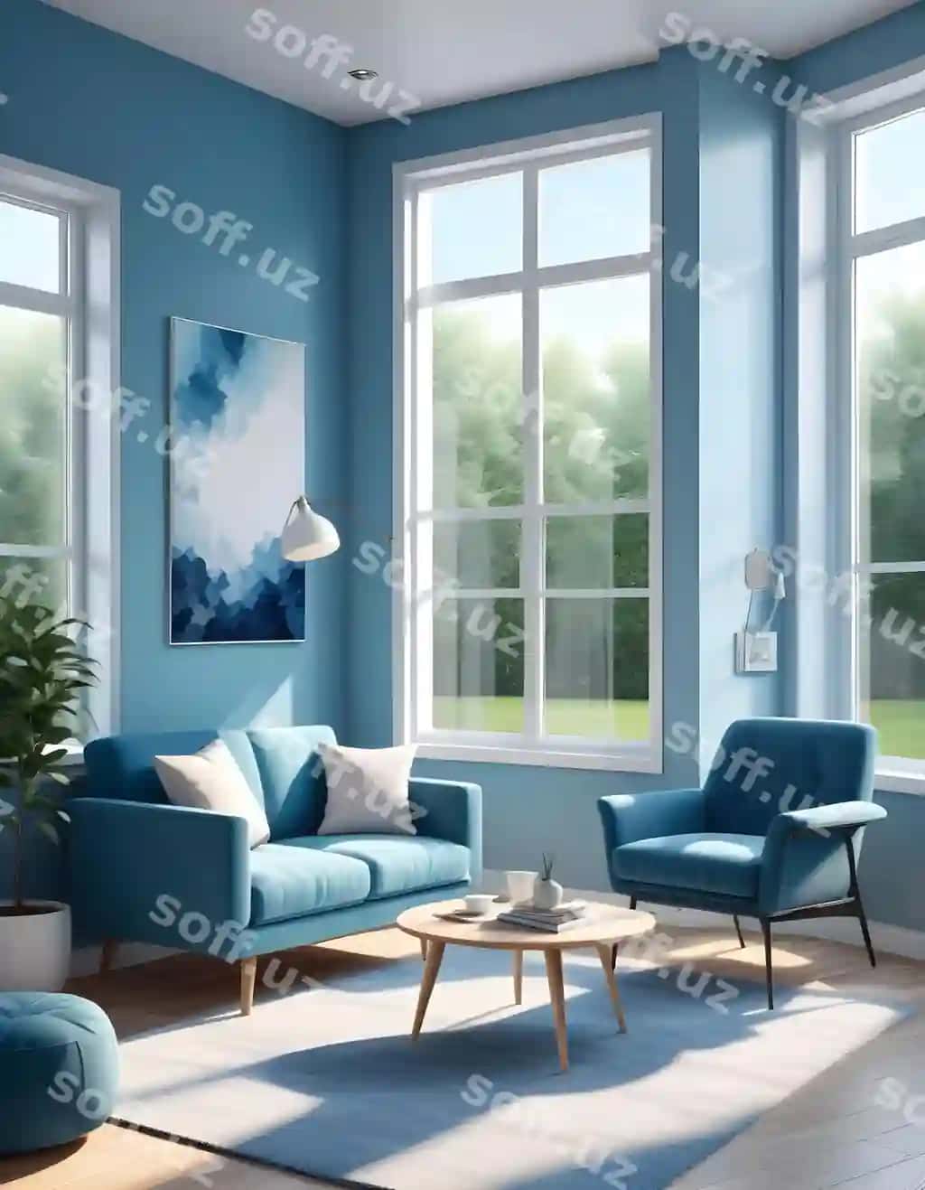 Yumshoq xona ko'k devorlar bilan, ko'k divan, choy stoli | Living room with blue walls blue couch coffee table