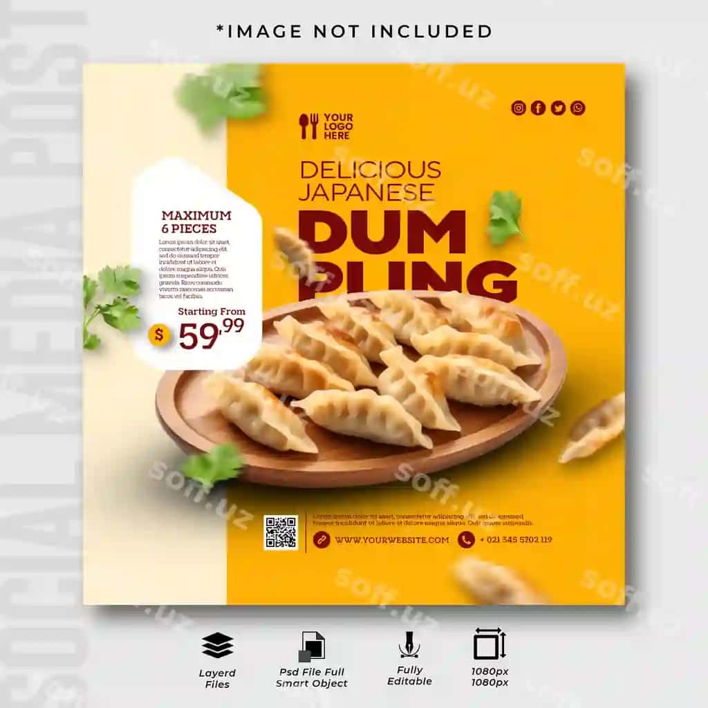 Yaponcha manti Instagram ijtimoiy tarmoqlari post shabloni | Japanese dumplings instagram social media post template