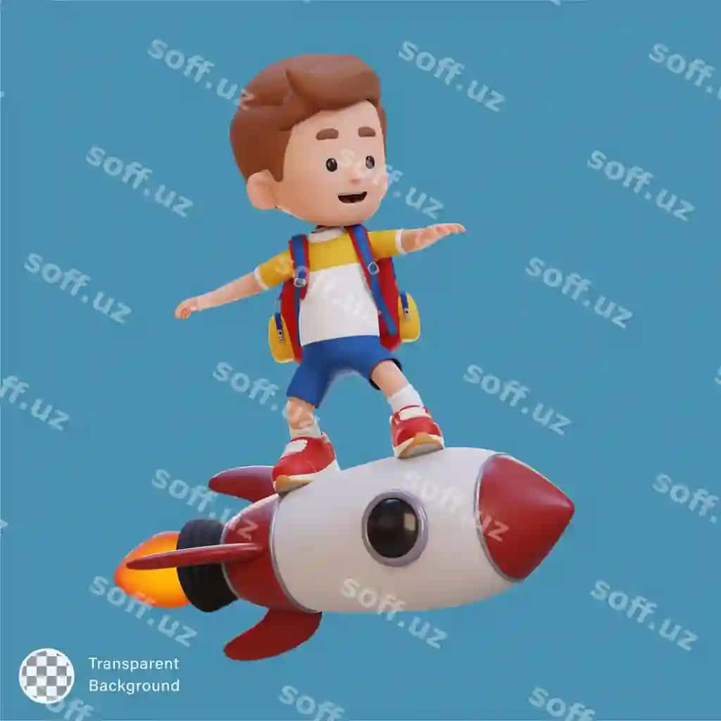 3d bolalik qahramon raketada joylashgan turingda turibdi | 3d kid character standing riding rocket
