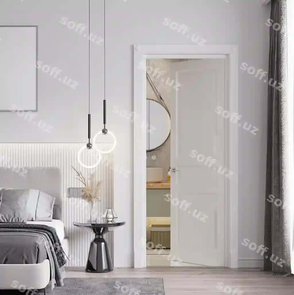 Zamonaviy uy xonasi hamda hamyonli yog'ochli pol tarozi bilan tarozi yonidagi stol asoslangan yorqinlik bilan oq eshik | Modern bedroom with bathroom wooden floor bed with bedside table with hanging light white doo