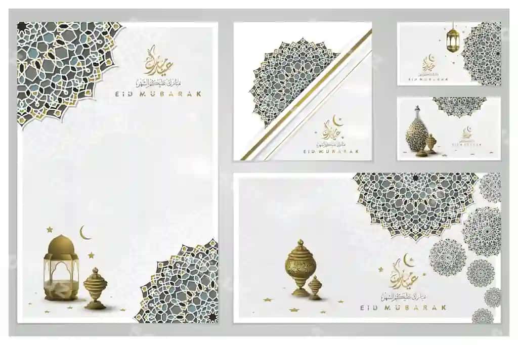 Besh to'plam Hayit muborak tabrik kartasi islamiy gulli naqsh vektor | Five sets eid mubarak greeting card islamic floral pattern vector