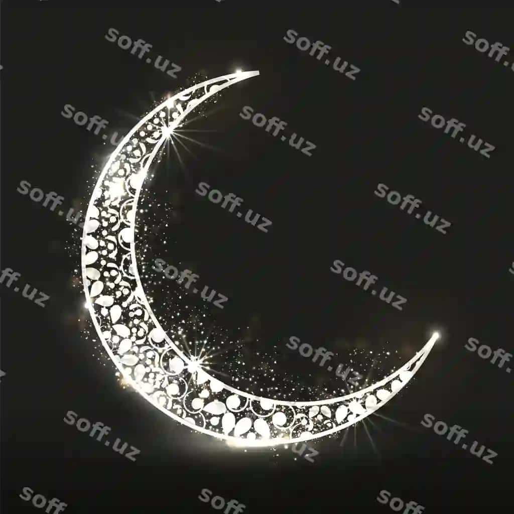 Kumush bez hilol yorug'liklar effekti bilan qora orqa fonda | Silver ornament crescent moon with lights effect black background