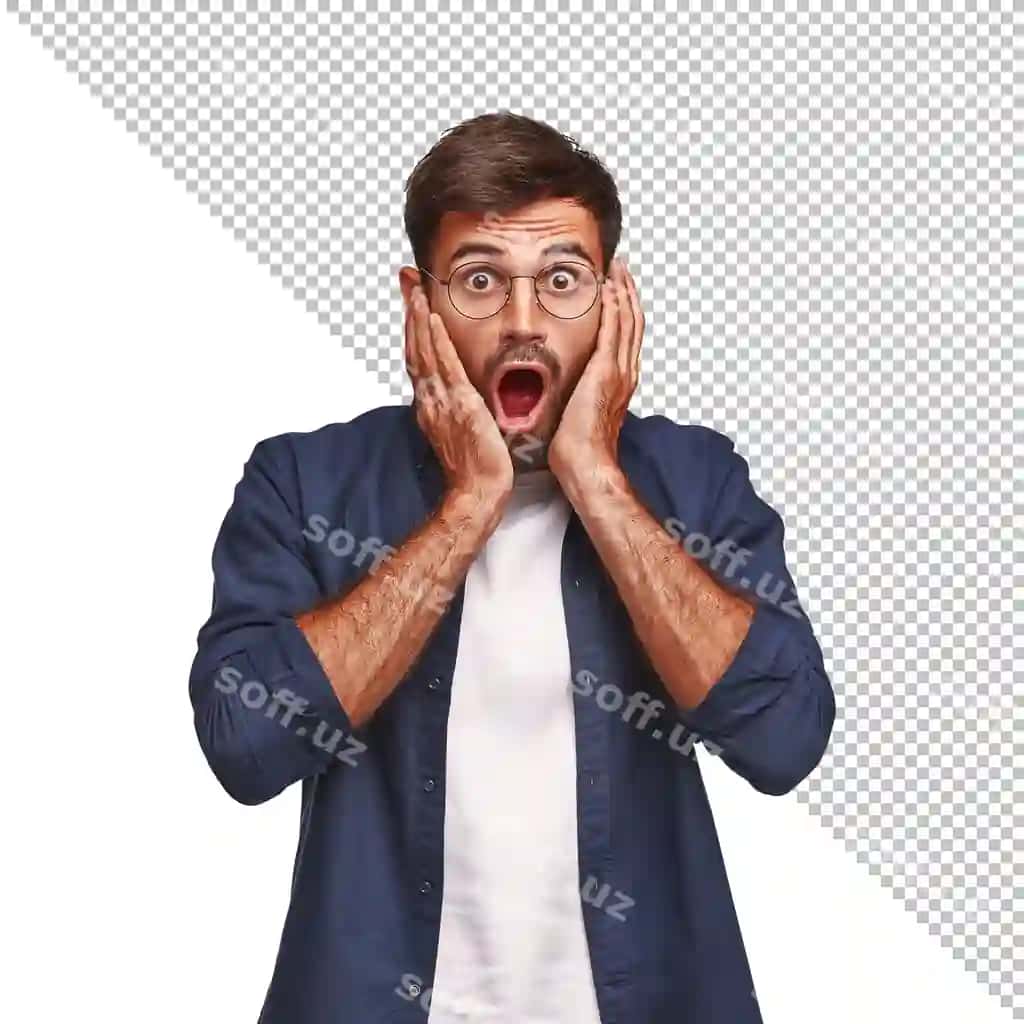 Psd shocklangan hayratlangan erkak shaffof hosil qilingan orqa fon | Psd surprised amazed man transparent realistic background