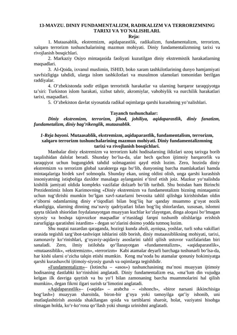 MAVZU. DINIY FUNDAMENTALIZM, RADIKALIZM VA TERRORIZMNING TARIXI VA YO`NALISHLARI