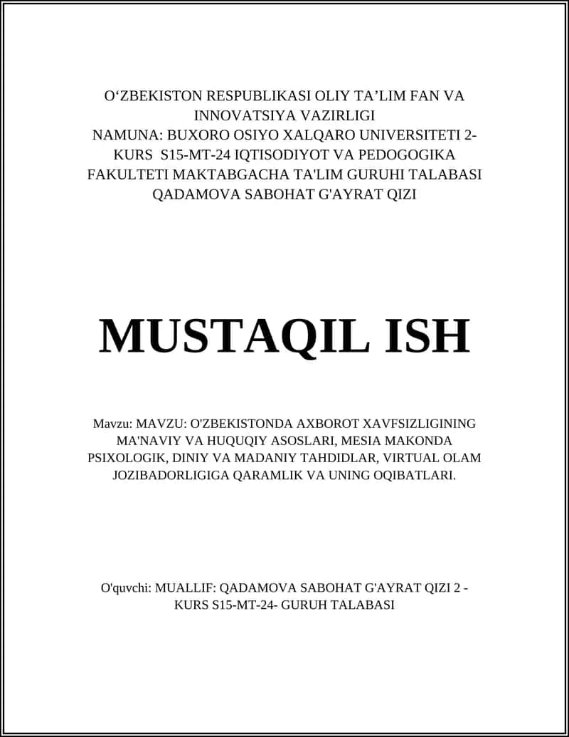O'ZBEKISTONDA AXBOROT XAVFSIZLIGINING MA'NAVIY VA HUQUQIY ASOSLARI