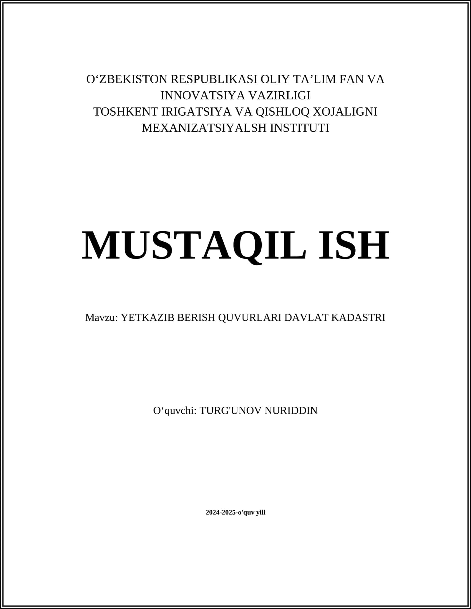 YETKAZIB BERISH QUVURLARI DAVLAT KADASTRI