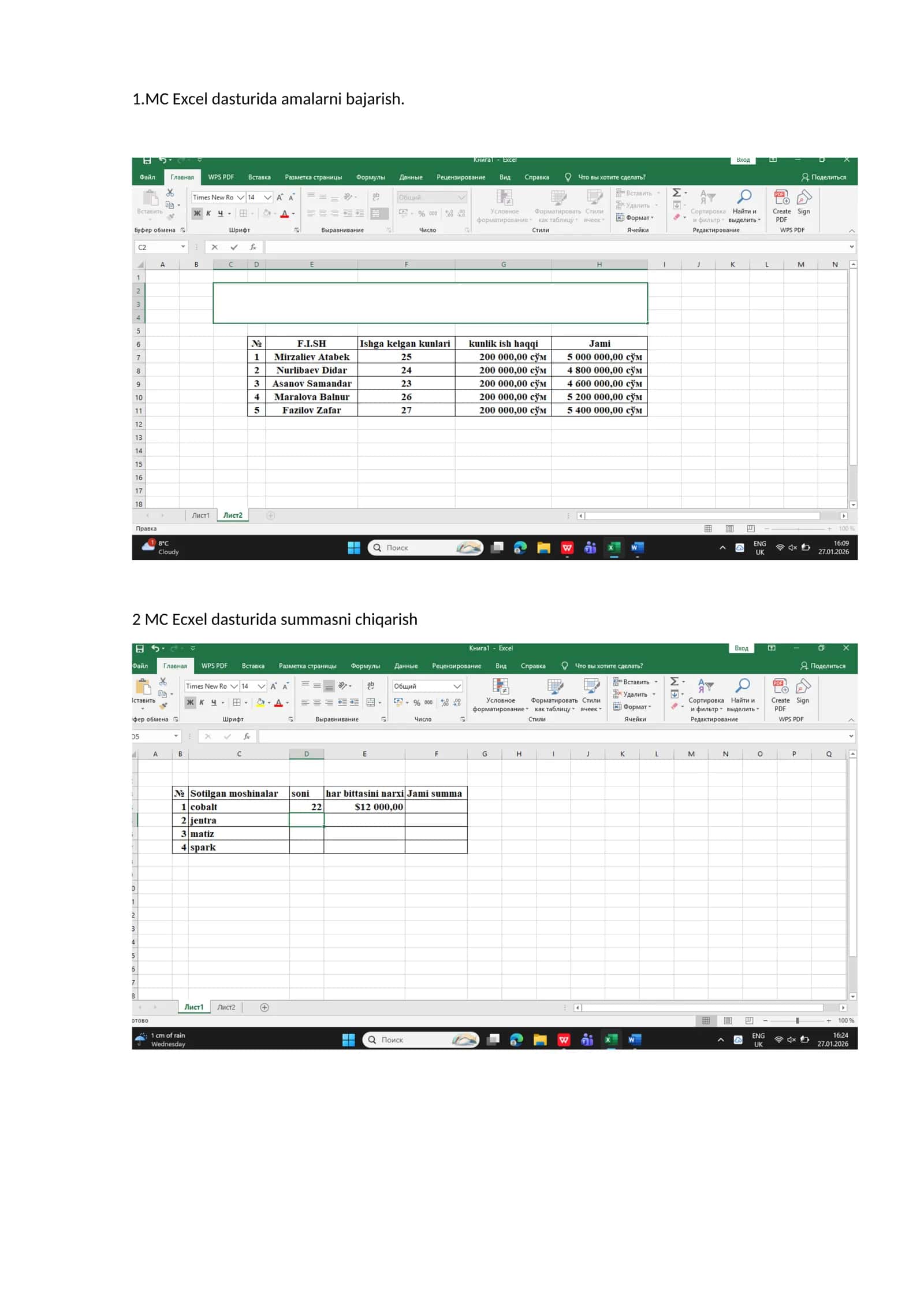 MC Excel dasturida amalarni bajarish va diogrammasini chiqarish