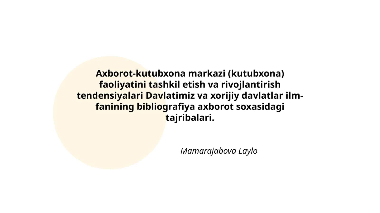 Axborot-kutubxona markazi (kutubxona) faoliyatini tashkil etish va rivojlantirish tendensiyalari Davlatimiz va xorijiy davlatlar ilm-fanining bibliografiya axborot soxasidagi tajribalari